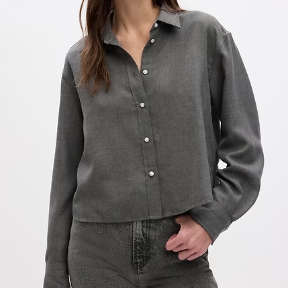 Cropped Gray Flannel Button Front Shirt, Size Large Tall